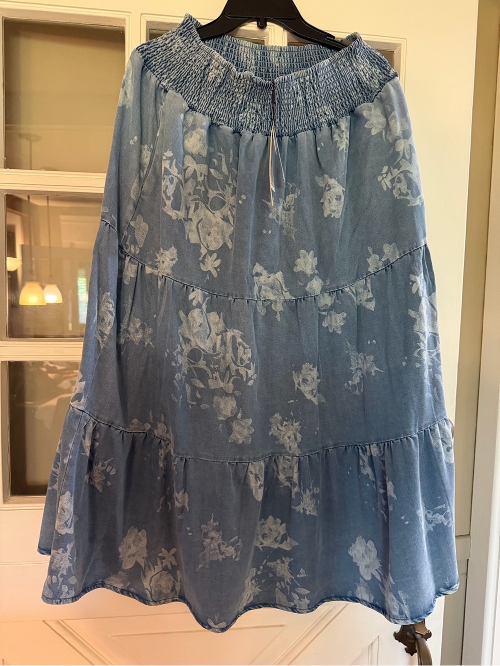 Tahiti Blue Floral denim Tiered Maxi Skirt